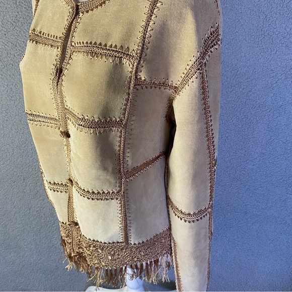 Lisa Intl Vintage Suede Jacket Woman’s L Large Crochet Tan Brown - Picture 3 of 13